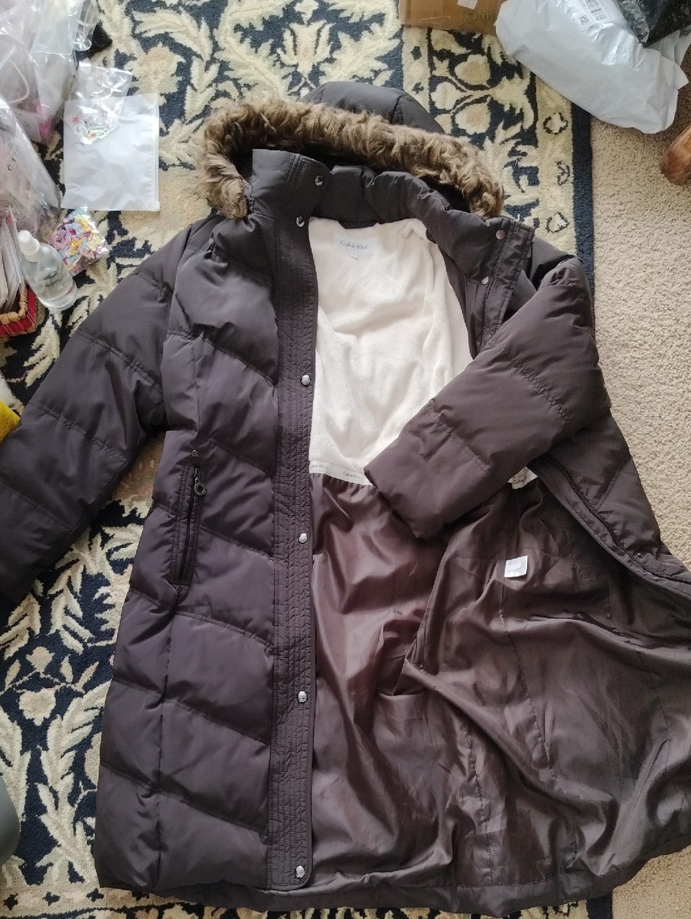 Calvin Klein Dark Brown Long Hooded Down Coat with Faux Fur Trim
